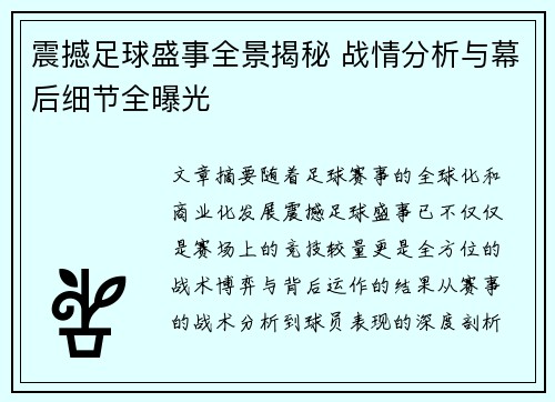 震撼足球盛事全景揭秘 战情分析与幕后细节全曝光